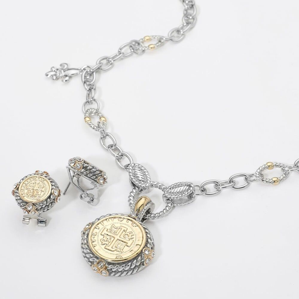 14k Gold Two Tone Embossed Fleur De Lis Coin Pendant Chain Cross Necklace Silver